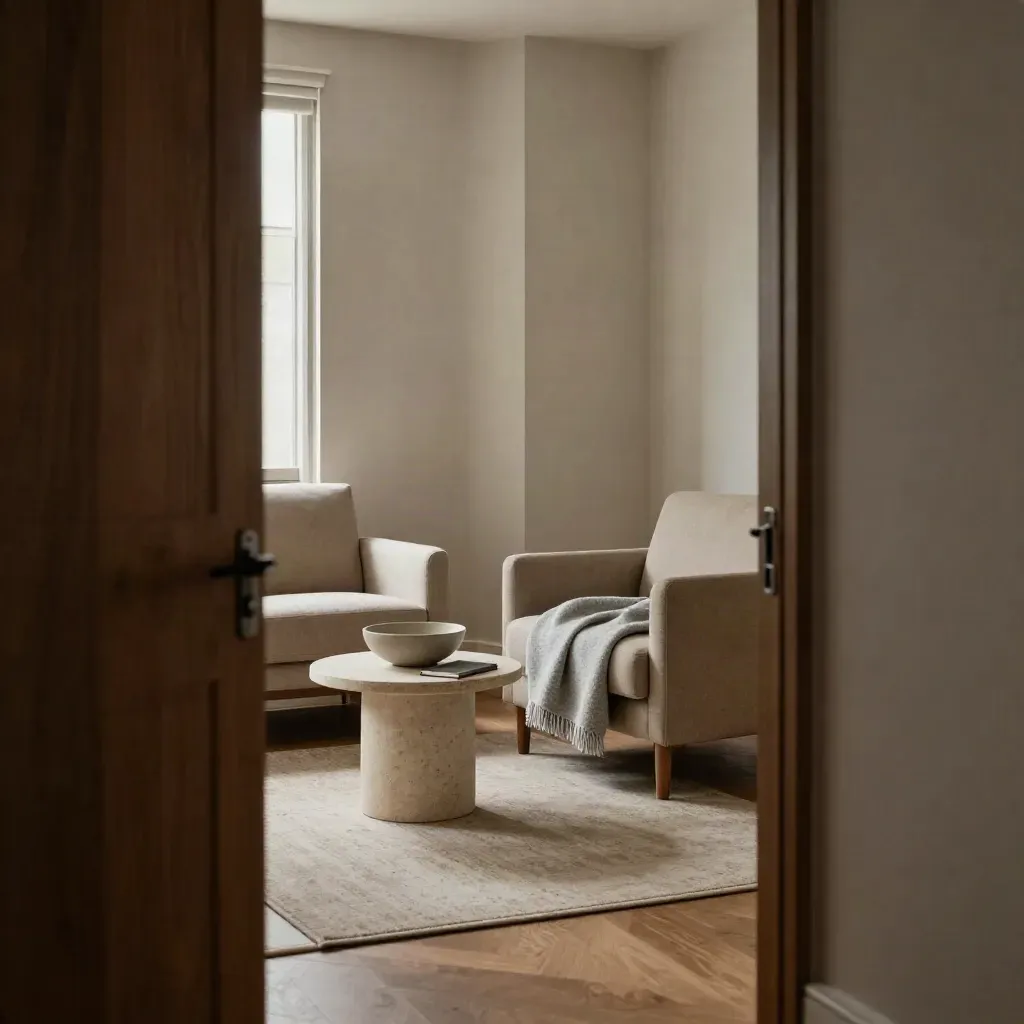 Stanza di counseling vuota con due poltrone, coperta grigia, ciotola e taccuino chiuso.