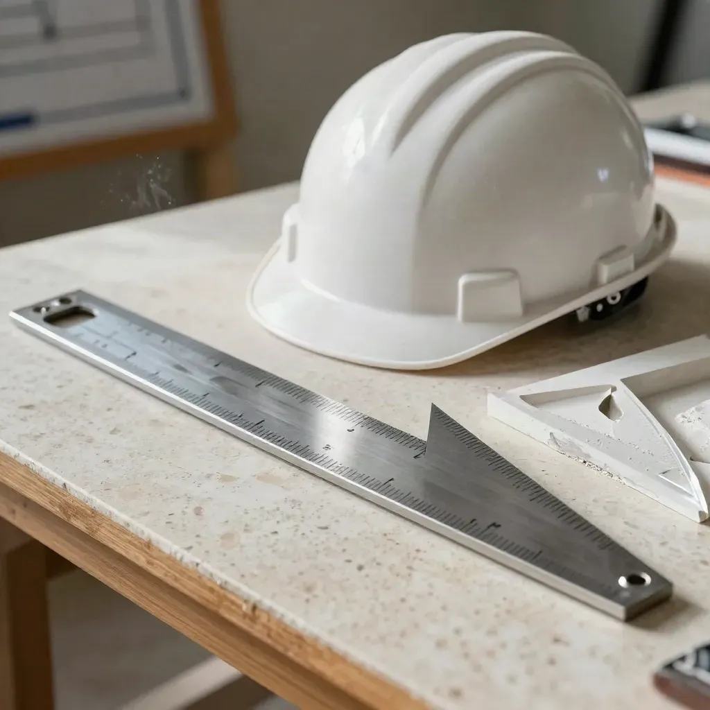 Kit da esame per geometra con casco, divisori metallici e modello di cantiere su travertino.