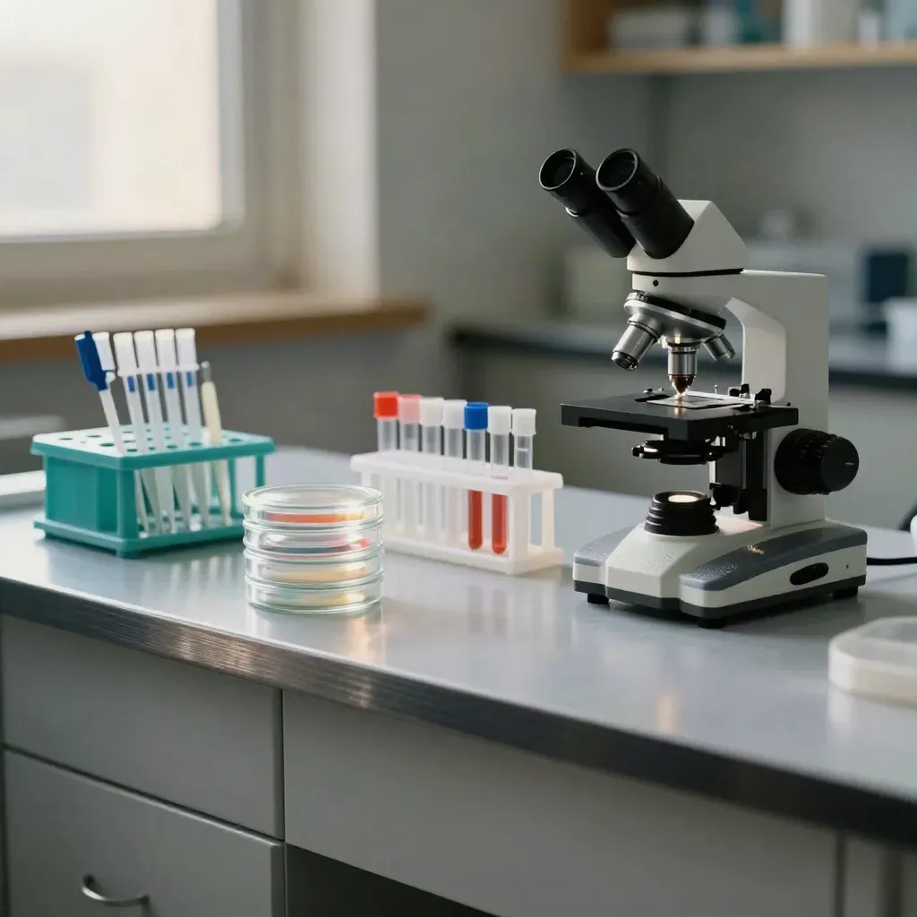 Banco di laboratorio con piastre di Petri, provette, pipette e microscopio in luce morbida.