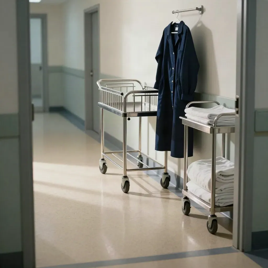 Carrello ospedaliero vuoto in corridoio di formazione, con camice blu e luce morbida.
