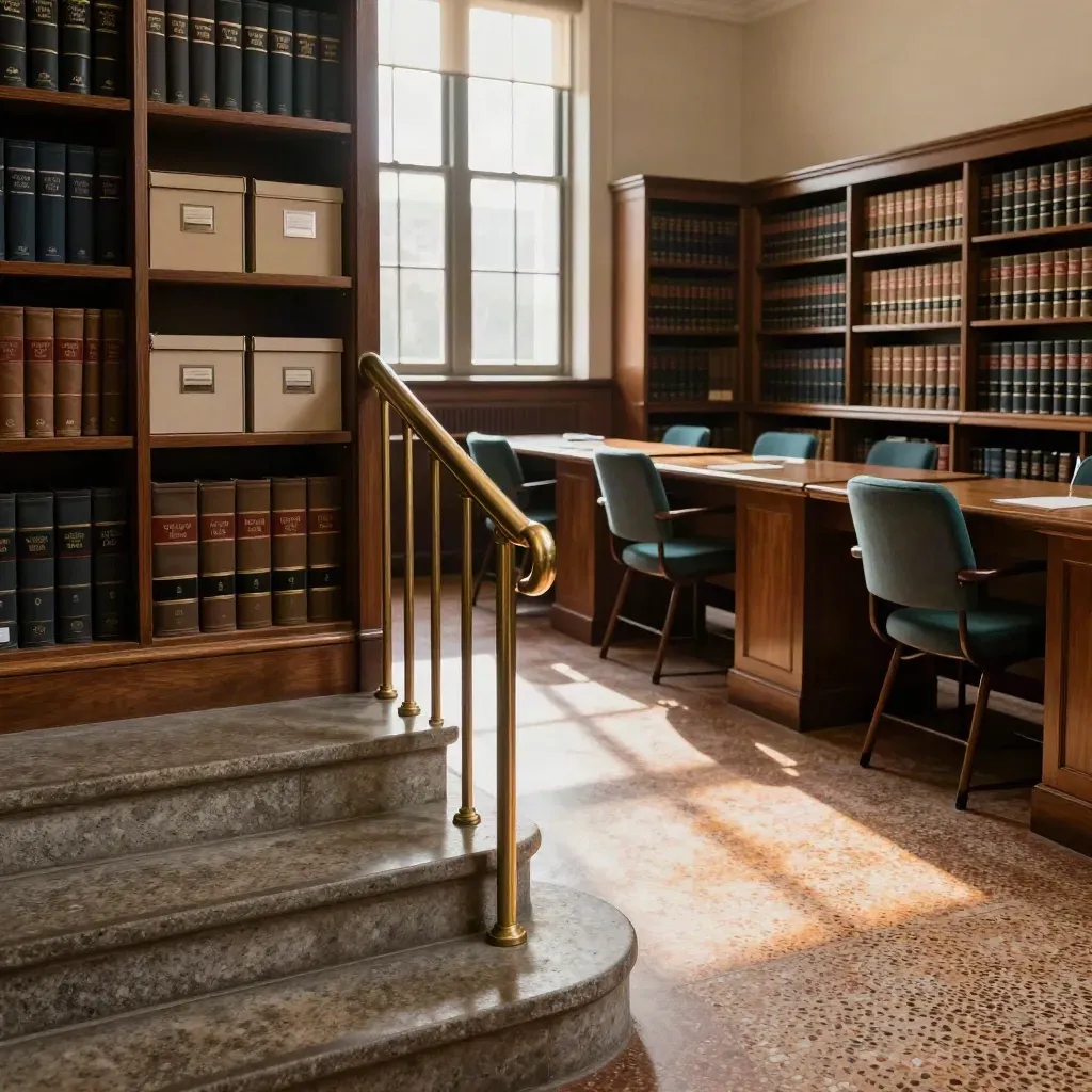 Sala lettura di tribunale con scaffali, scala in pietra e ringhiera in ottone, luce del tardo pomeriggio
