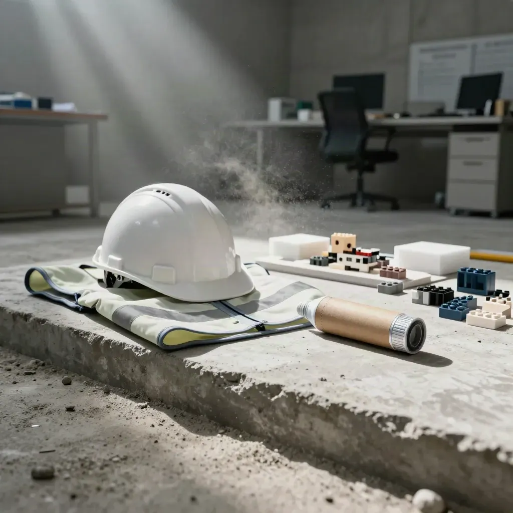 Ufficio tecnico in cantiere con casco, gilet riflettente e plastico su lastra di cemento.
