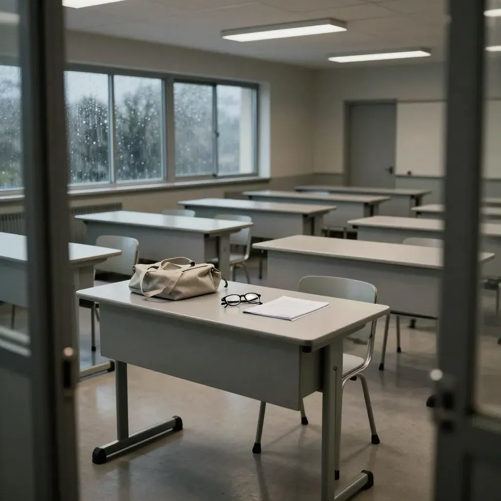 Aula serale vuota con banchi, borsa tote, occhiali e libro chiuso sotto la pioggia