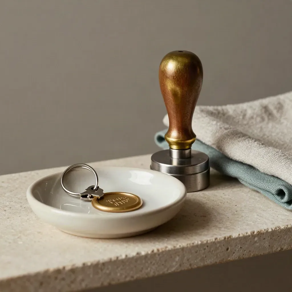Pressa in ottone, timbro metallico e portachiavi in ciotola crema su ripiano di pietra.