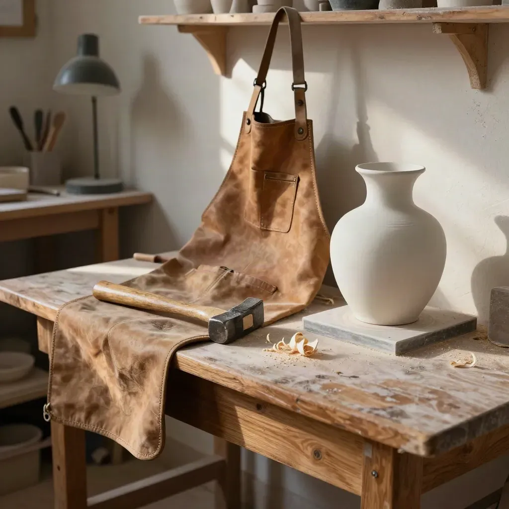 Banco artigiano con grembiule in cuoio, martello e pezzo di ceramica sotto luce calda.