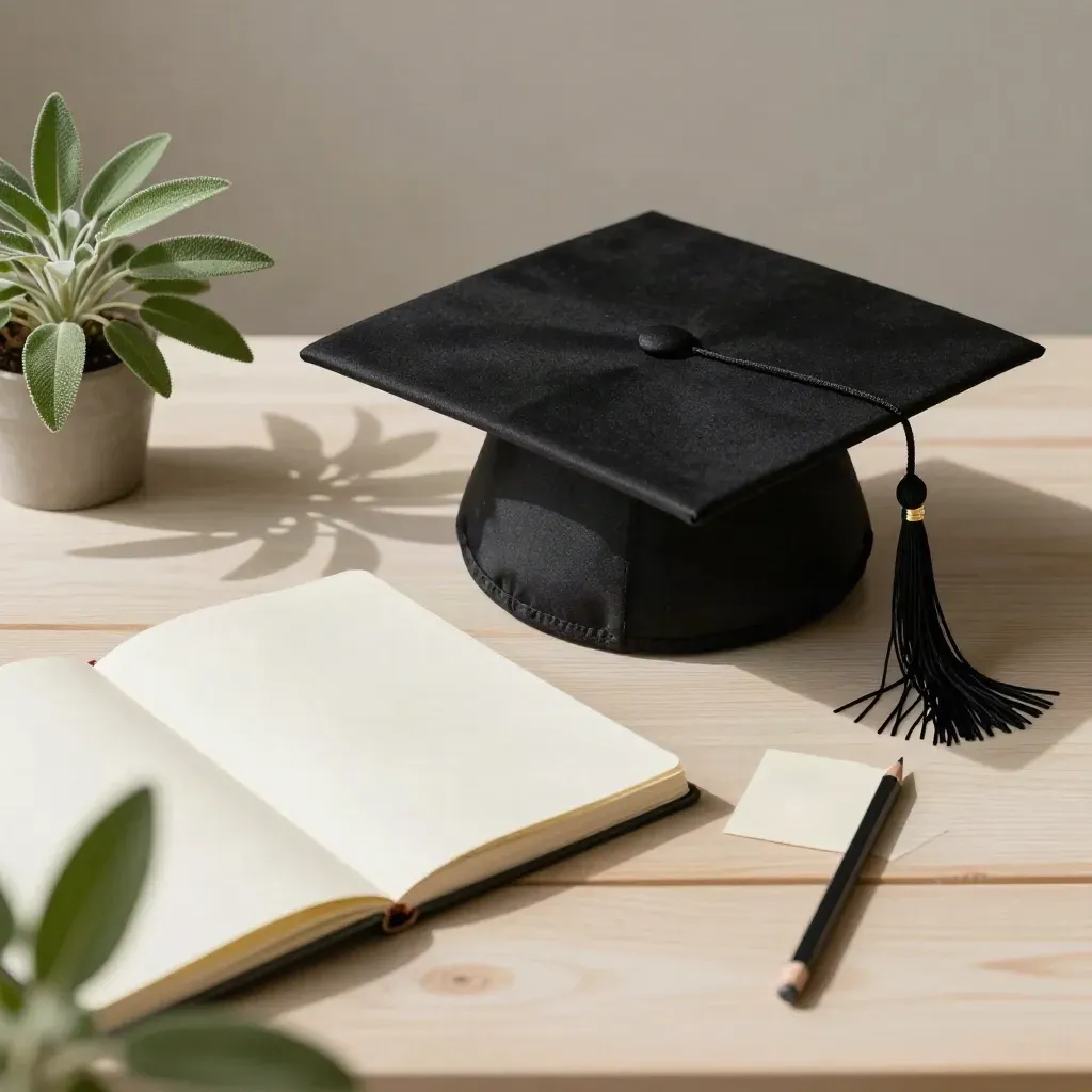 Tocco di laurea con taccuino chiuso, matita e piantina su legno chiaro, luce morbida.